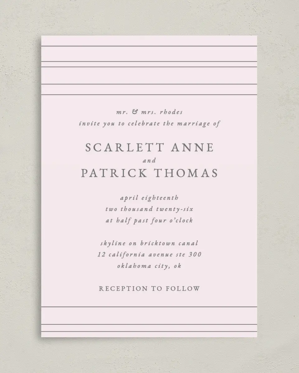 This is a 5" x 7" Classic Wedding Invitation called Harmonious Stripes printed in full color on Premium Smooth paper