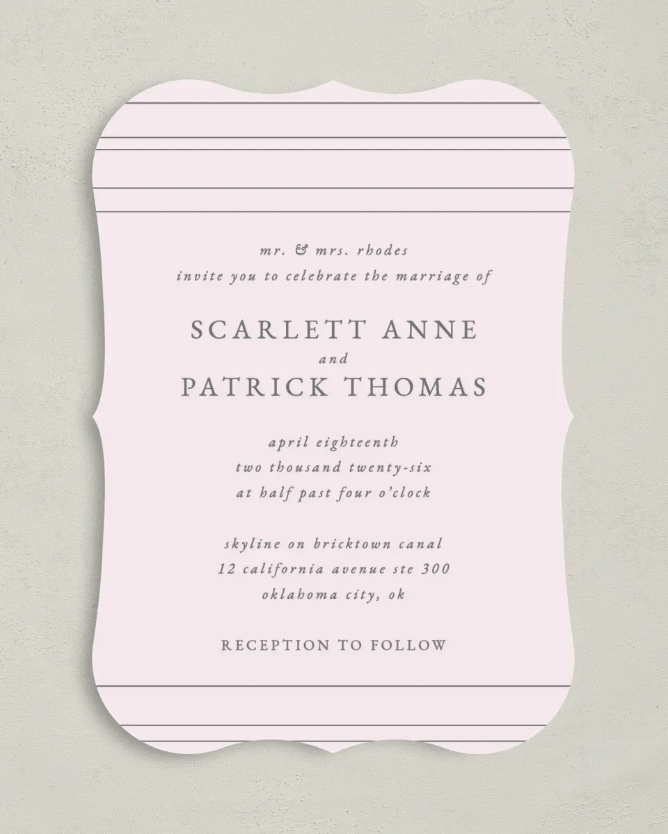 This is a 5" x 7" Bracket Wedding Invitation called Harmonious Stripes printed in full color on Premium Smooth paper