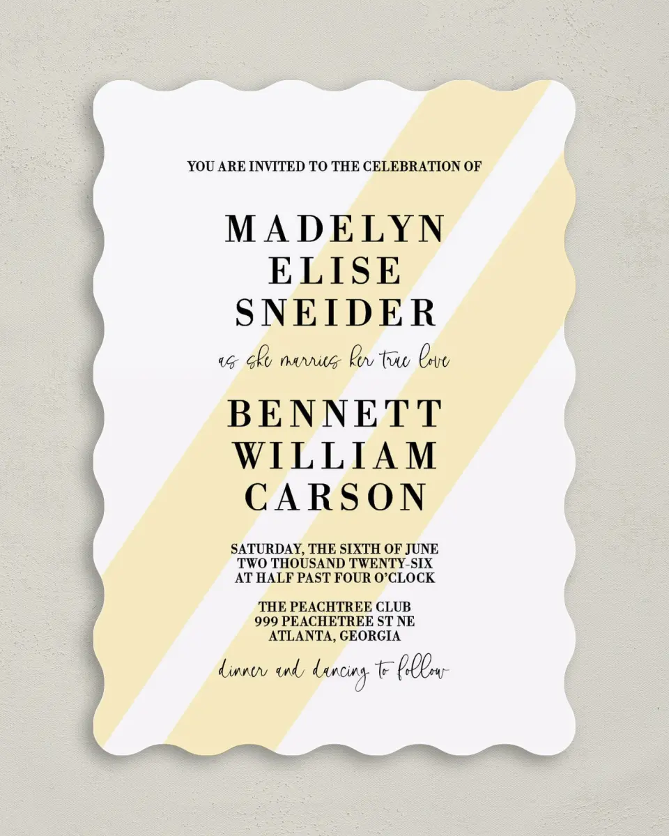 This is a 5" x 7" Wavy Wedding Invitation called Cascading Light printed in full color on Premium Smooth paper