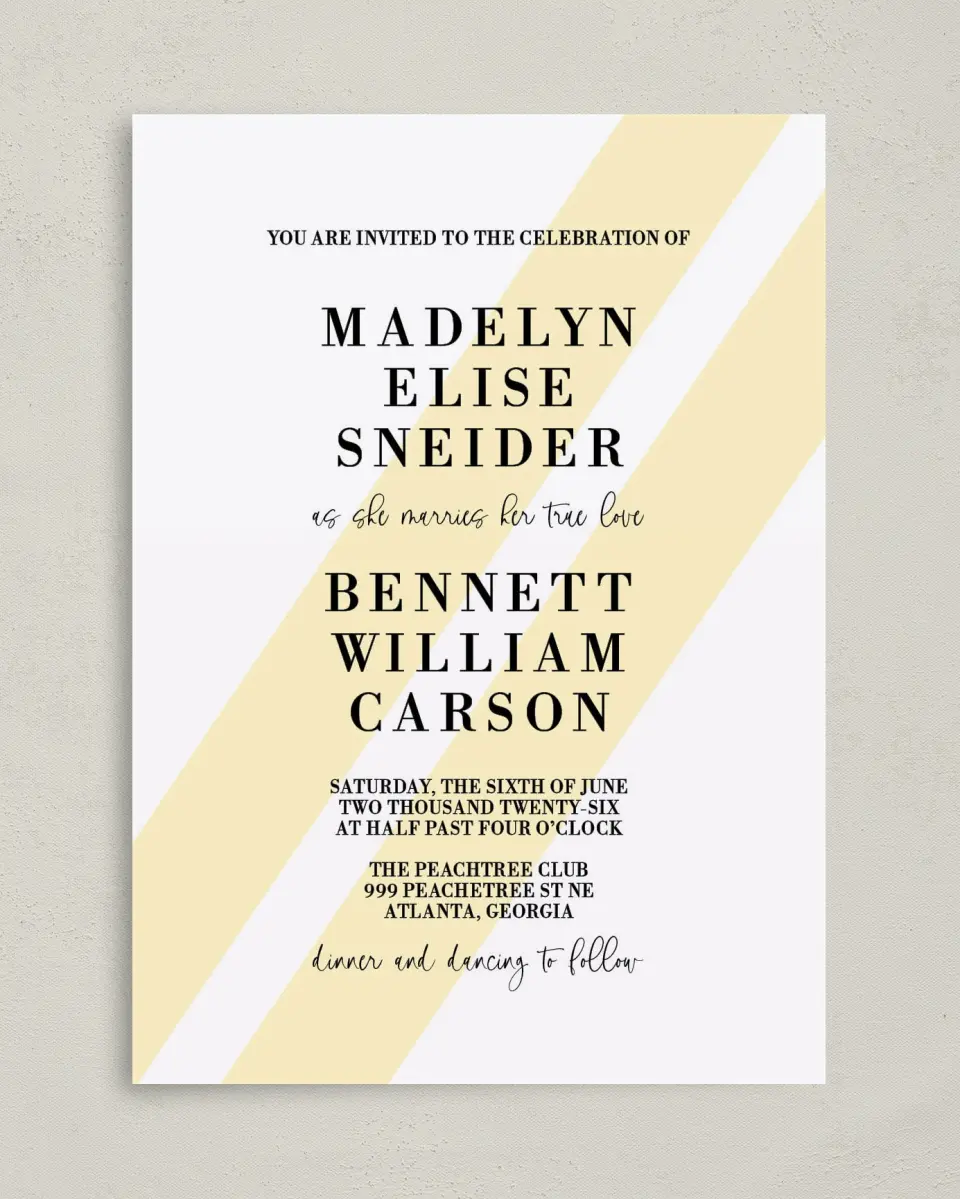 This is a 5" x 7" Classic Wedding Invitation called Cascading Light printed in full color with Gold foil on Luxe Satin (coated) paper