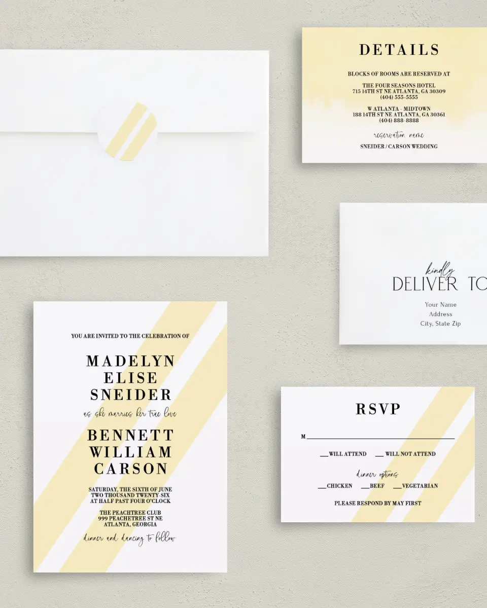 This is a 5" x 7" Classic Wedding Invitation called Cascading Light printed in full color with Gold foil on Luxe Satin (coated) paper
