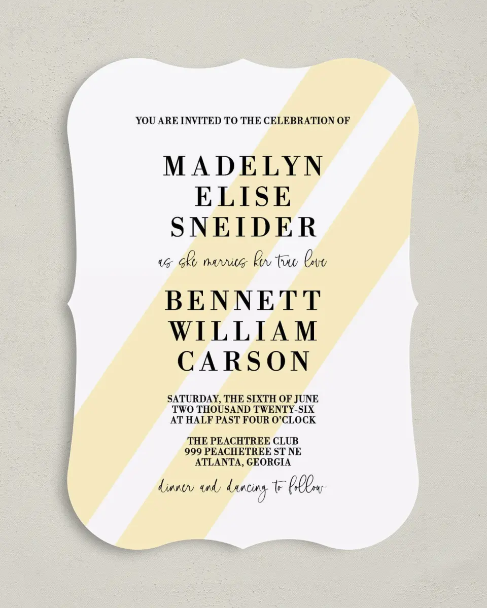 This is a 5" x 7" Bracket Wedding Invitation called Cascading Light printed in full color on Premium Smooth paper