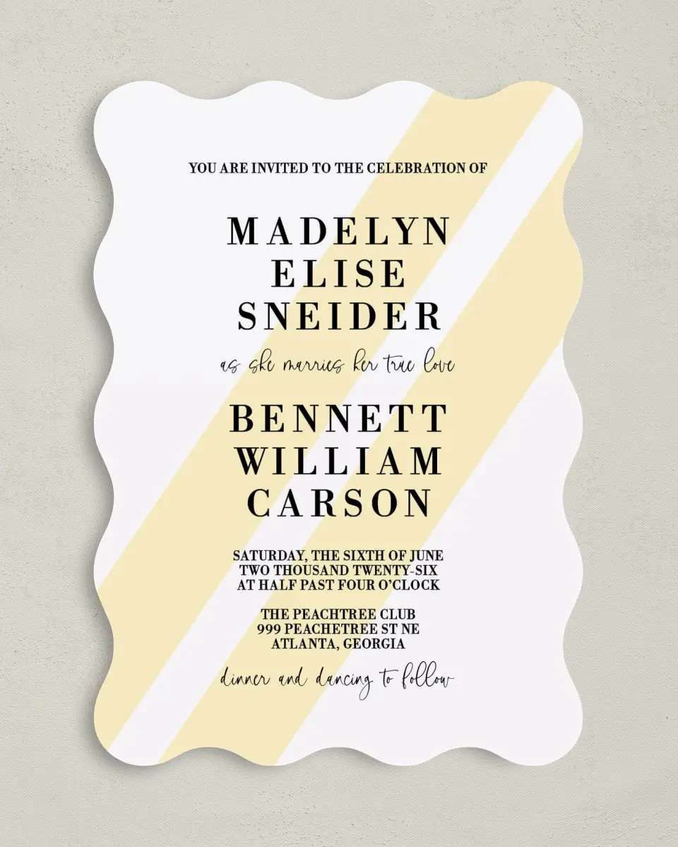 This is a 5" x 7" Wavy Wedding Invitation called Cascading Light printed in full color on Premium Smooth paper