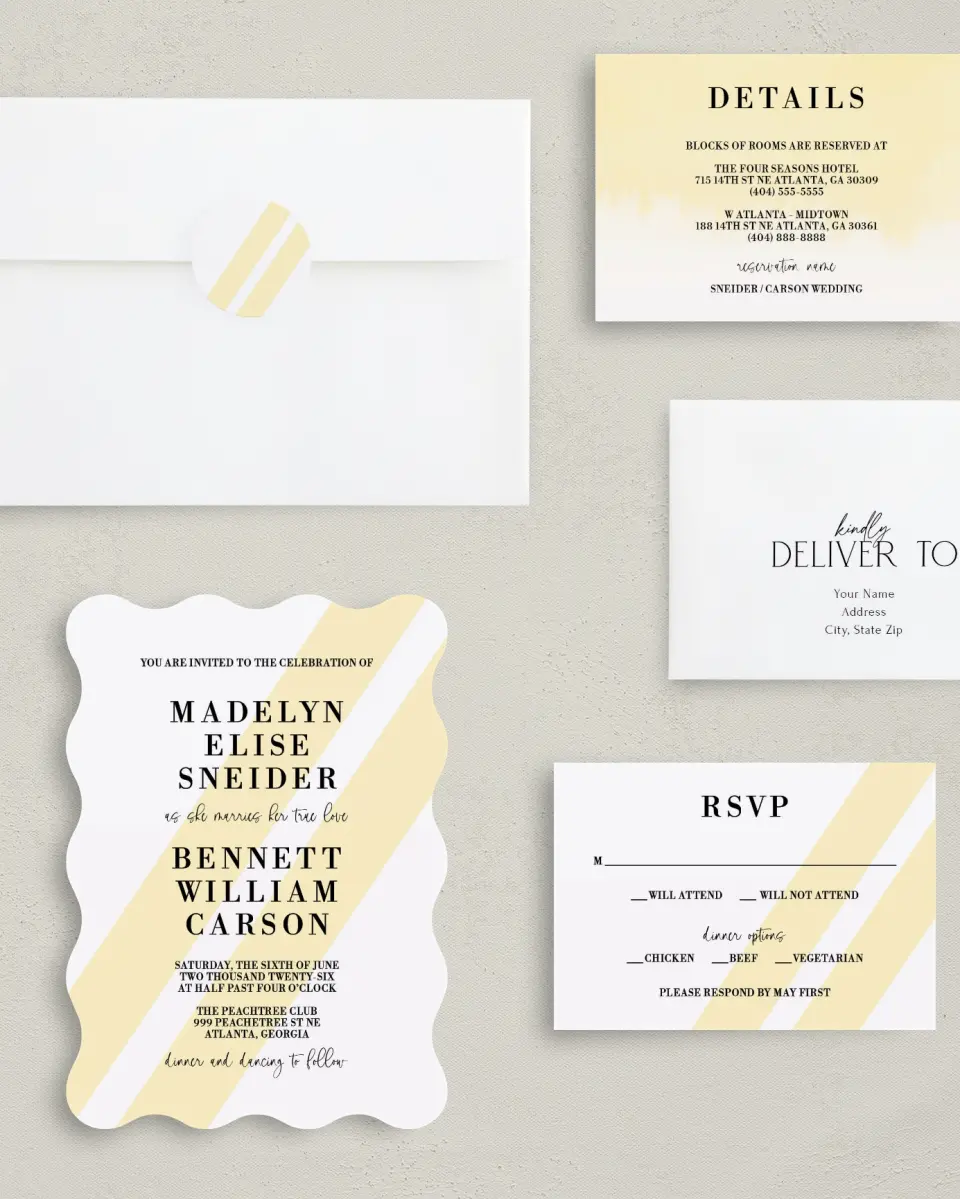 This is a 5" x 7" Wavy Wedding Invitation called Cascading Light printed in full color with Gold foil on Luxe Satin (coated) paper