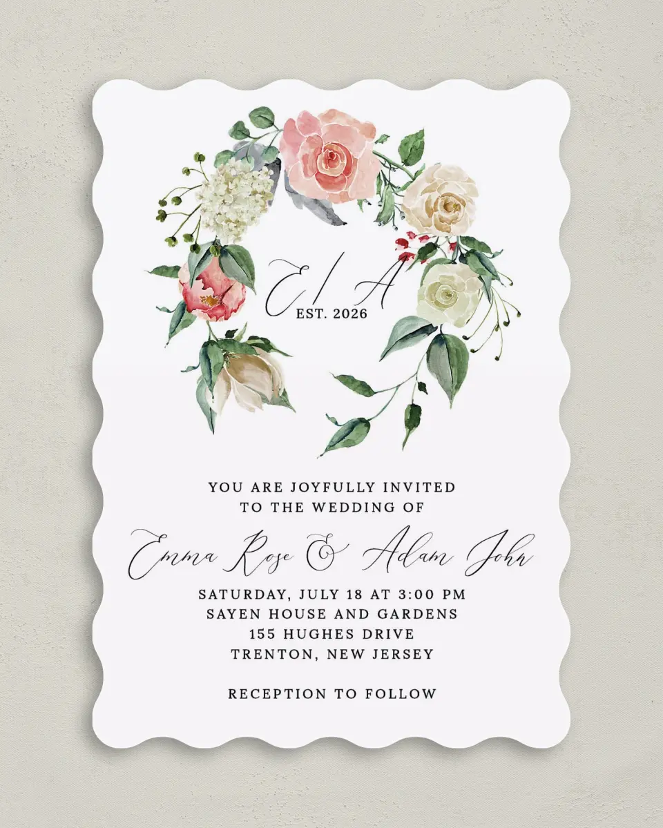 This is a 5" x 7" Wavy Wedding Invitation called Enchanted Crown printed in full color on Premium Smooth paper