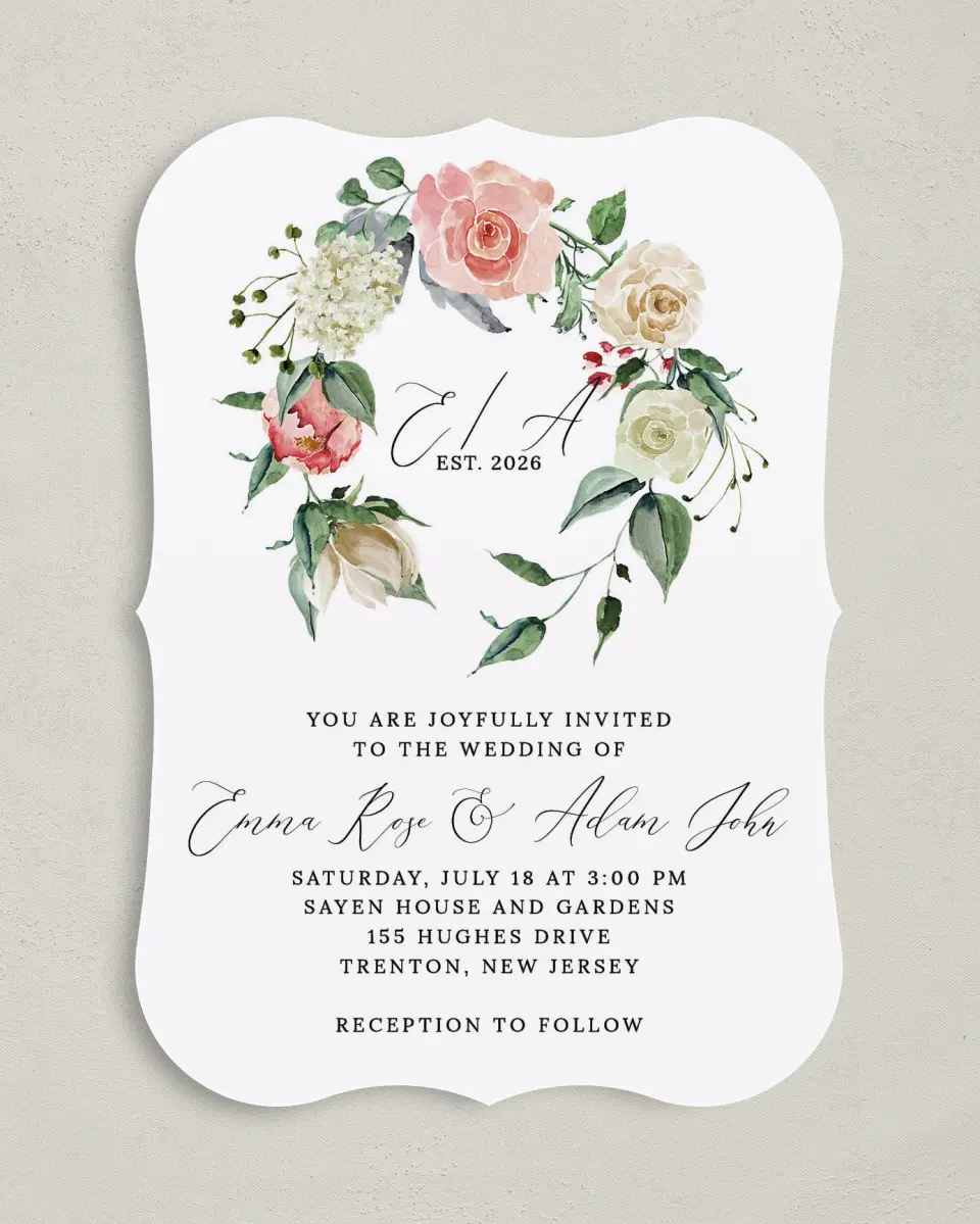 This is a 5" x 7" Bracket Wedding Invitation called Enchanted Crown printed in full color on Premium Smooth paper