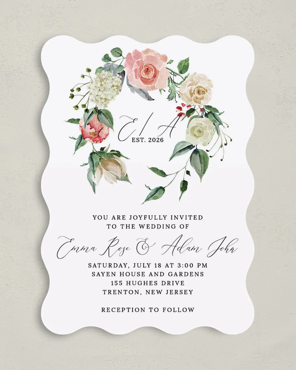 This is a 5" x 7" Wavy Wedding Invitation called Enchanted Crown printed in full color on Premium Smooth paper