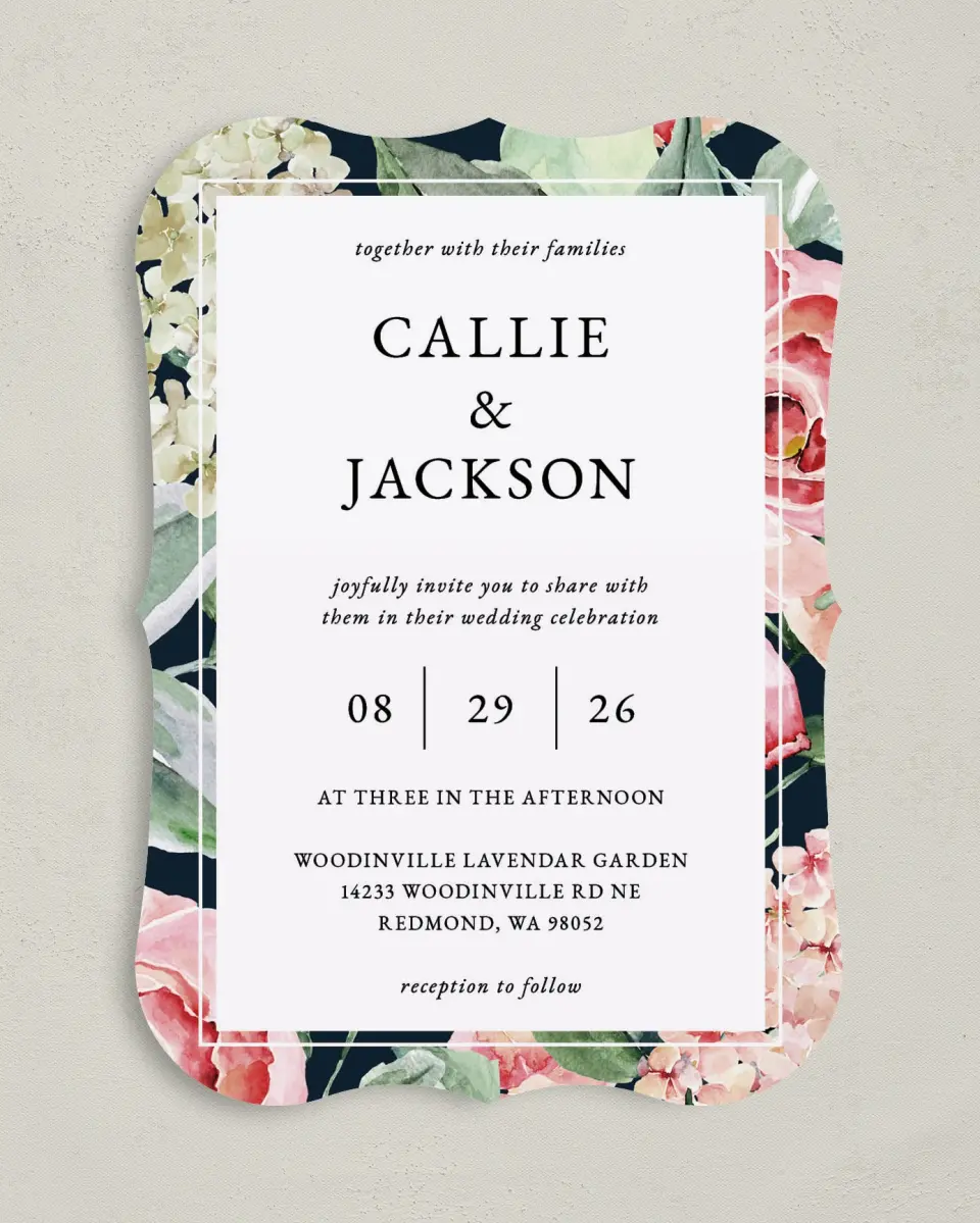This is a 5" x 7" Bracket Wedding Invitation called Garden Dream printed in full color on Premium Smooth paper