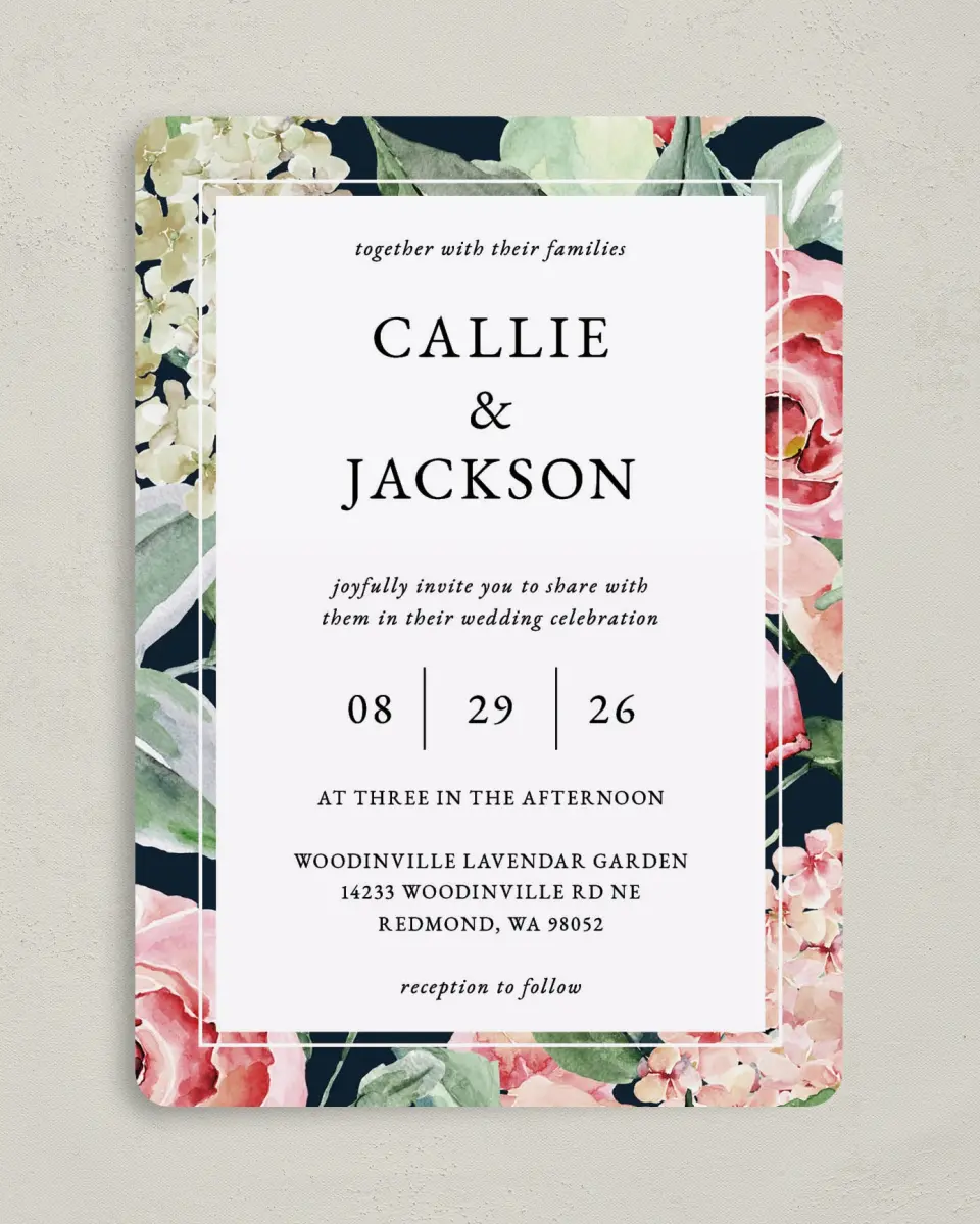 This is a 5" x 7" Rounded Wedding Invitation called Garden Dream printed in full color on Premium Smooth paper