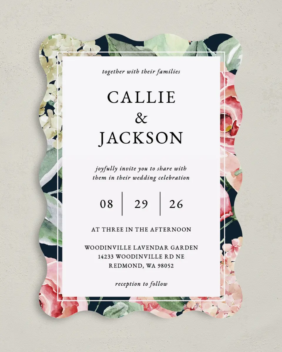 This is a 5" x 7" Wavy Wedding Invitation called Garden Dream printed in full color on Premium Smooth paper
