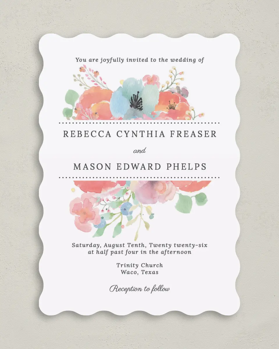 This is a 5" x 7" Wavy Wedding Invitation called Joyful Medley printed in full color on Premium Smooth paper