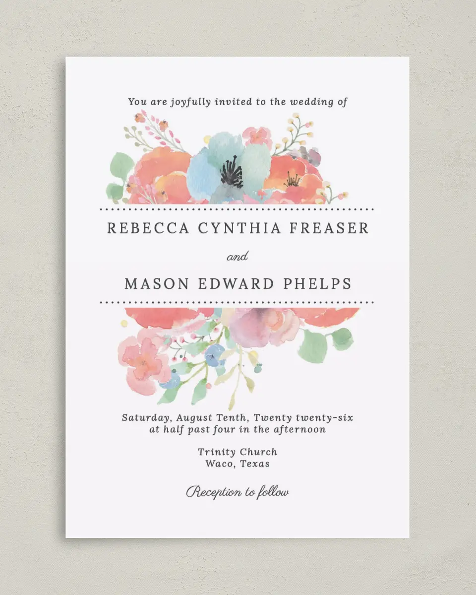 This is a 5" x 7" Classic Wedding Invitation called Joyful Medley printed in full color on Premium Smooth paper