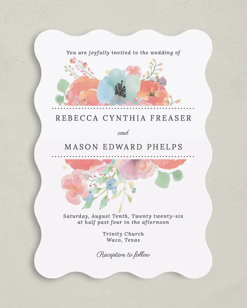 This is a 5" x 7" Wavy Wedding Invitation called Joyful Medley printed in full color on Premium Smooth paper