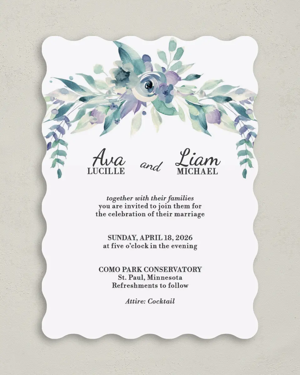 This is a 5" x 7" Wavy Wedding Invitation called Glorious Crown printed in full color on Premium Smooth paper