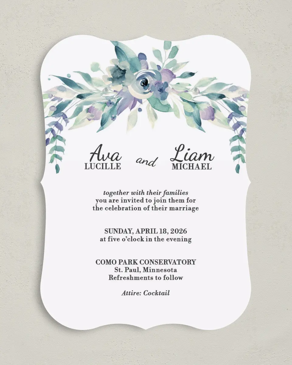 This is a 5" x 7" Bracket Wedding Invitation called Glorious Crown printed in full color on Premium Smooth paper