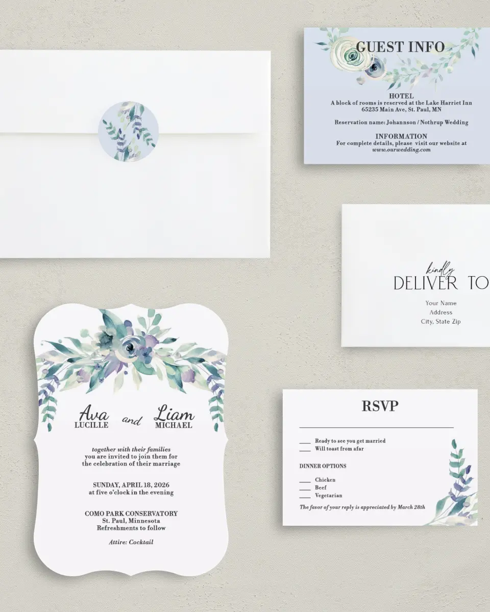 This is a 5" x 7" Bracket Wedding Invitation called Glorious Crown printed in full color on Premium Smooth paper