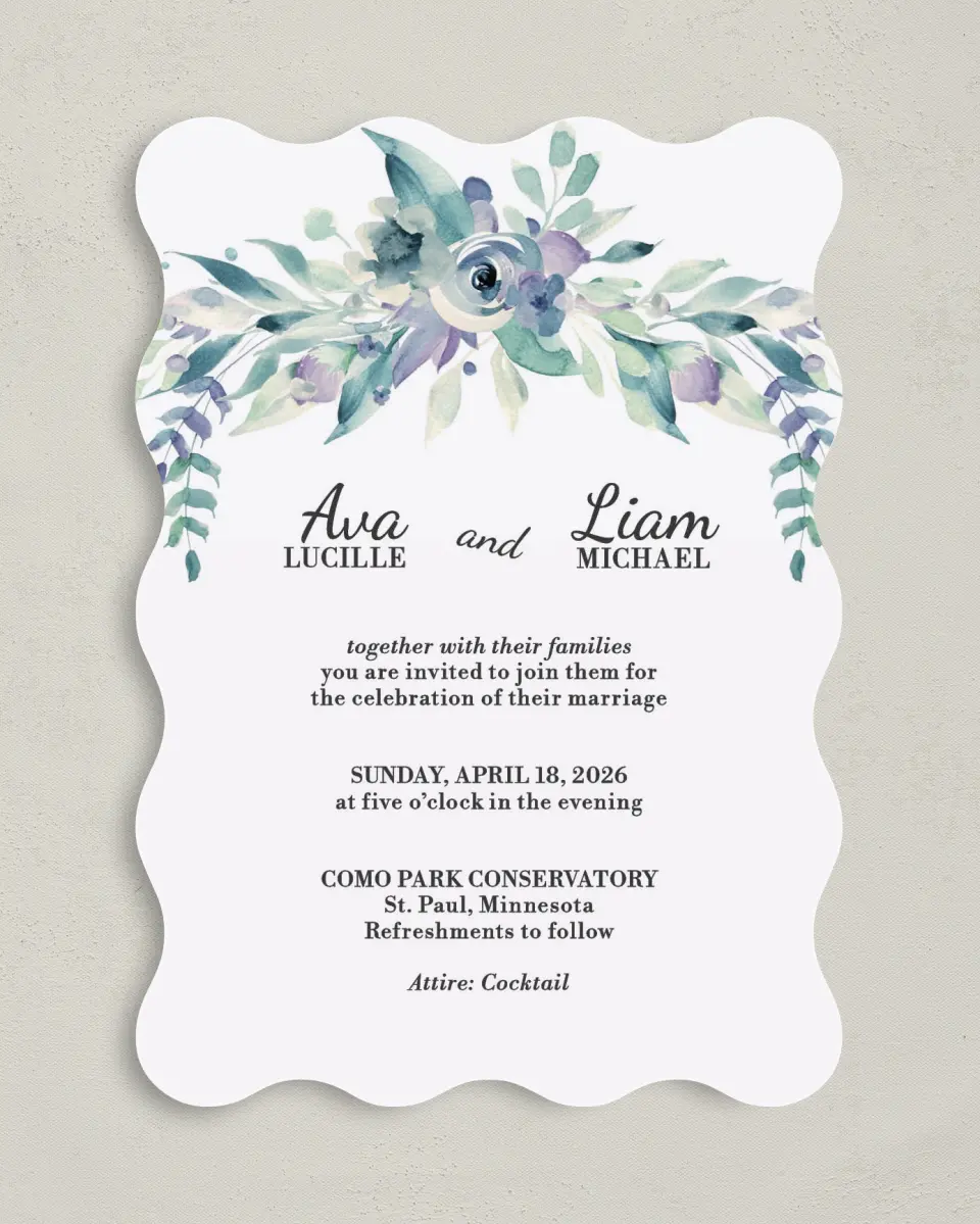 This is a 5" x 7" Wavy Wedding Invitation called Glorious Crown printed in full color on Premium Smooth paper