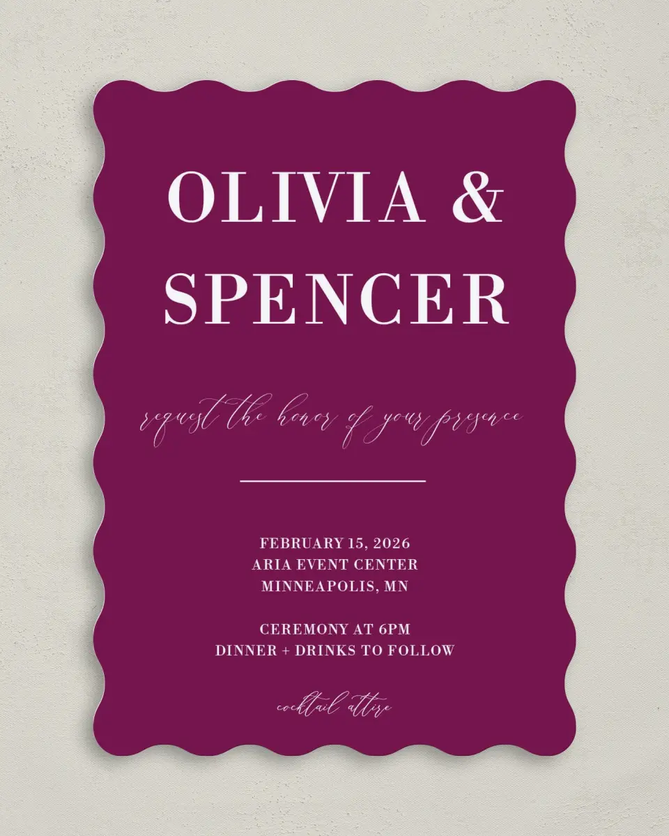 This is a 5" x 7" Wavy Wedding Invitation called Marble Mystique printed in full color on Premium Smooth paper