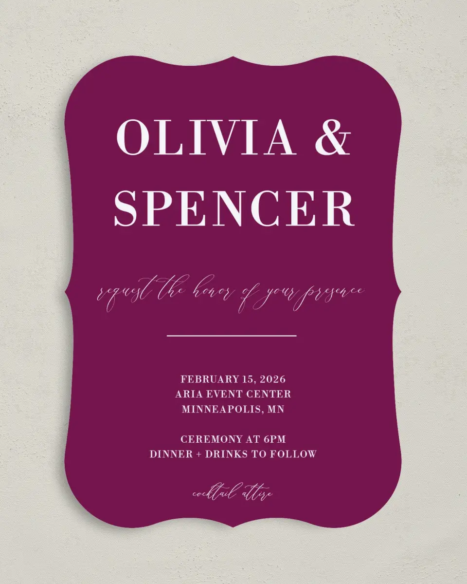 This is a 5" x 7" Bracket Wedding Invitation called Marble Mystique printed in full color on Premium Smooth paper