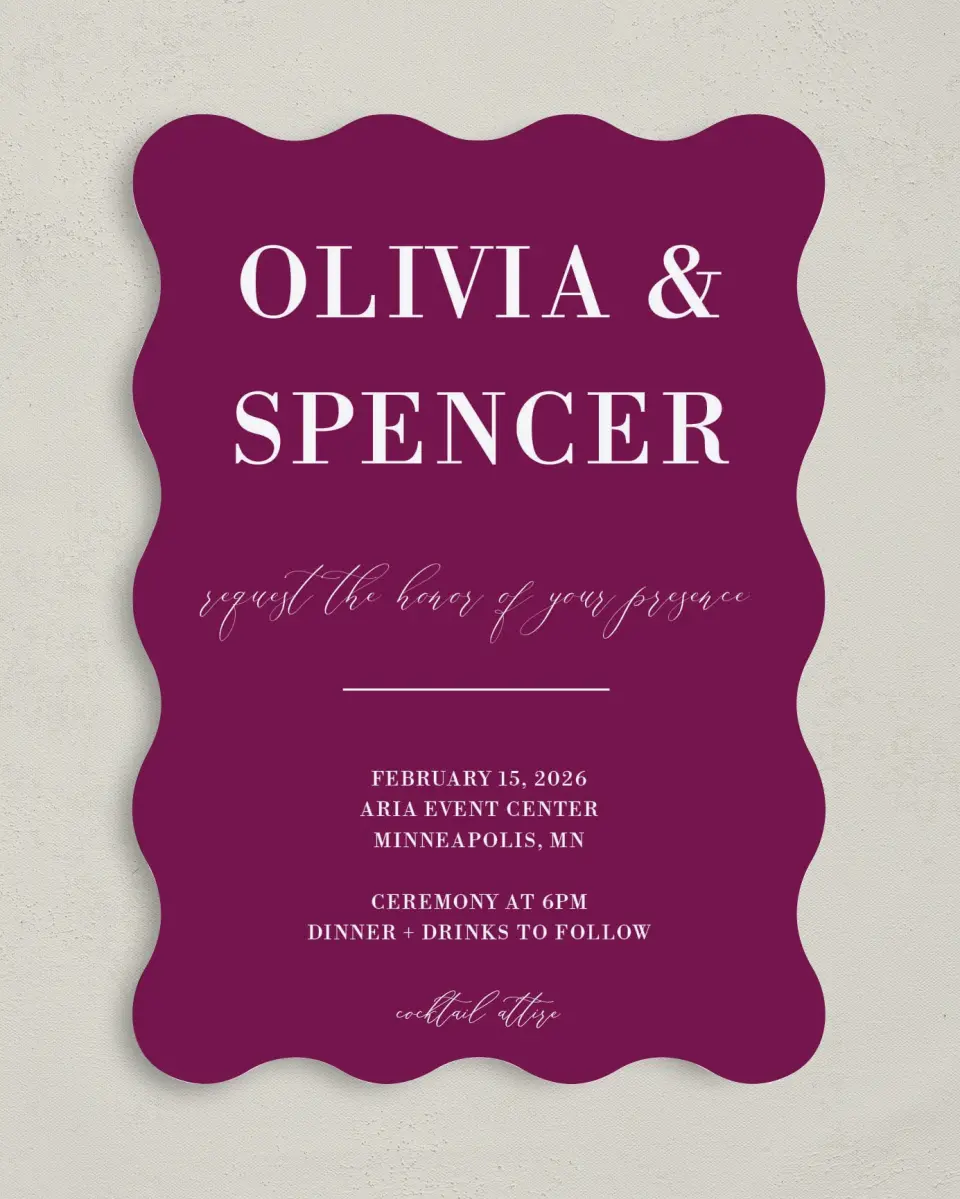 This is a 5" x 7" Wavy Wedding Invitation called Marble Mystique printed in full color on Premium Smooth paper