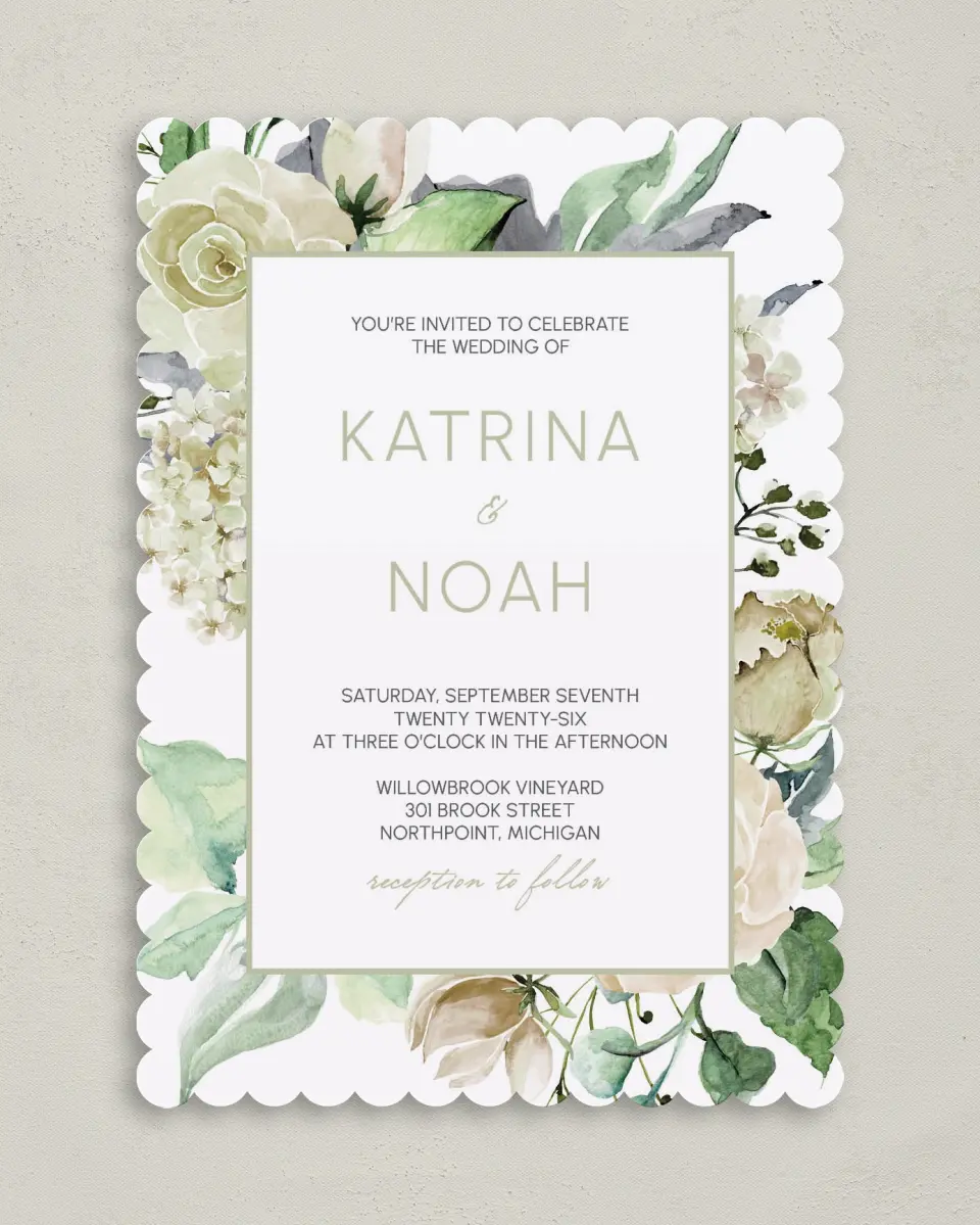 This is a 5" x 7" Classic Wedding Invitation called Divine Romance printed in full color on Premium Smooth paper