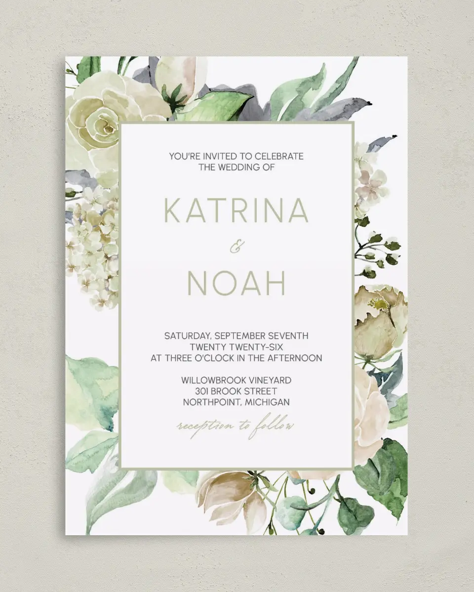 This is a 5" x 7" Classic Wedding Invitation called Divine Romance printed in full color on Premium Smooth paper