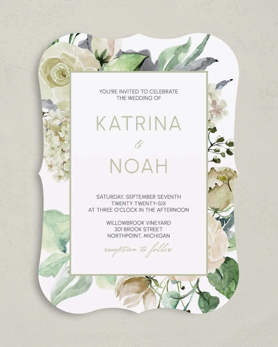 This is a 5" x 7" Bracket Wedding Invitation called Divine Romance printed in full color on Premium Smooth paper