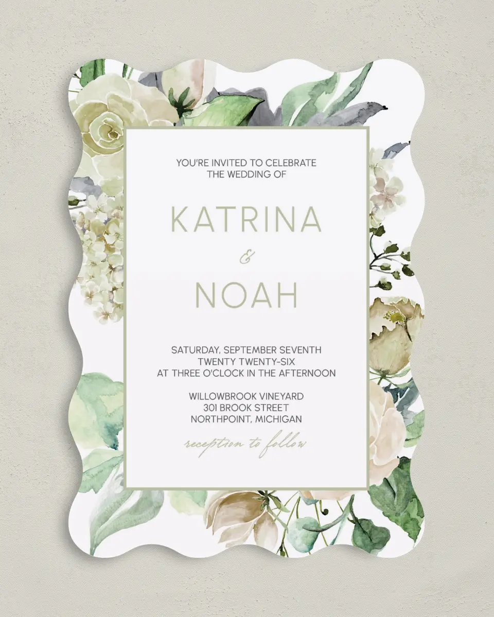 This is a 5" x 7" Wavy Wedding Invitation called Divine Romance printed in full color on Premium Smooth paper