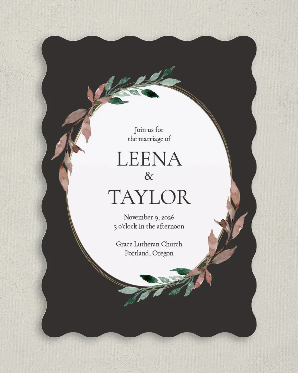 This is a 5" x 7" Wavy Wedding Invitation called Eternal Autumn printed in full color on Premium Smooth paper