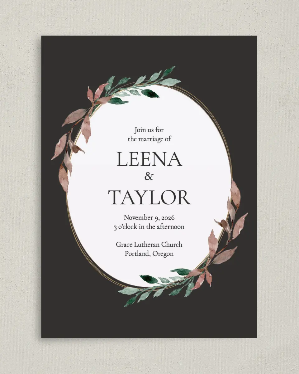 This is a 5" x 7" Classic Wedding Invitation called Eternal Autumn printed in full color on Premium Smooth paper
