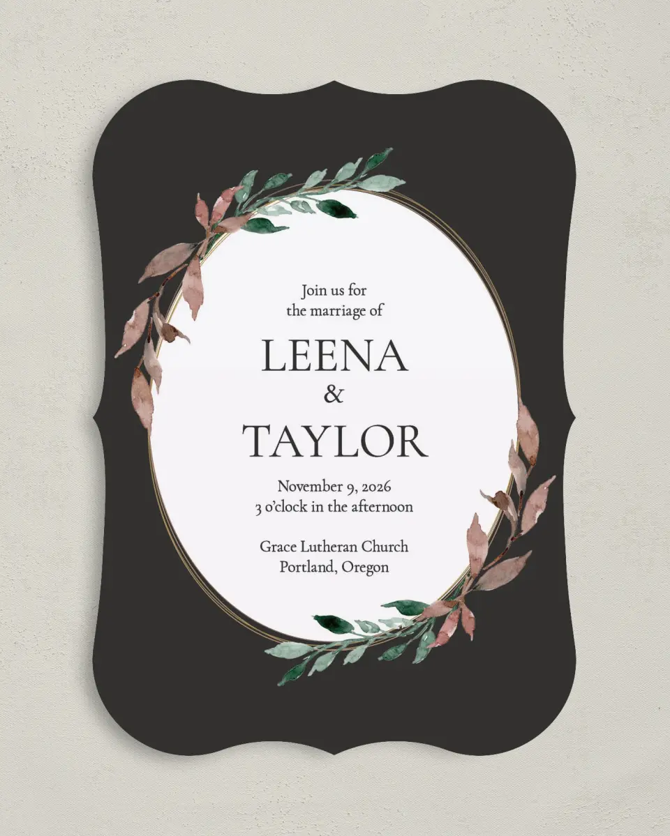 This is a 5" x 7" Bracket Wedding Invitation called Eternal Autumn printed in full color on Premium Smooth paper