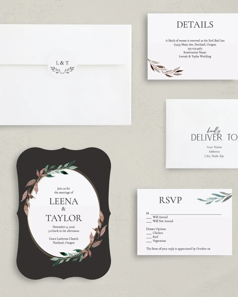 This is a 5" x 7" Bracket Wedding Invitation called Eternal Autumn printed in full color on Premium Smooth paper