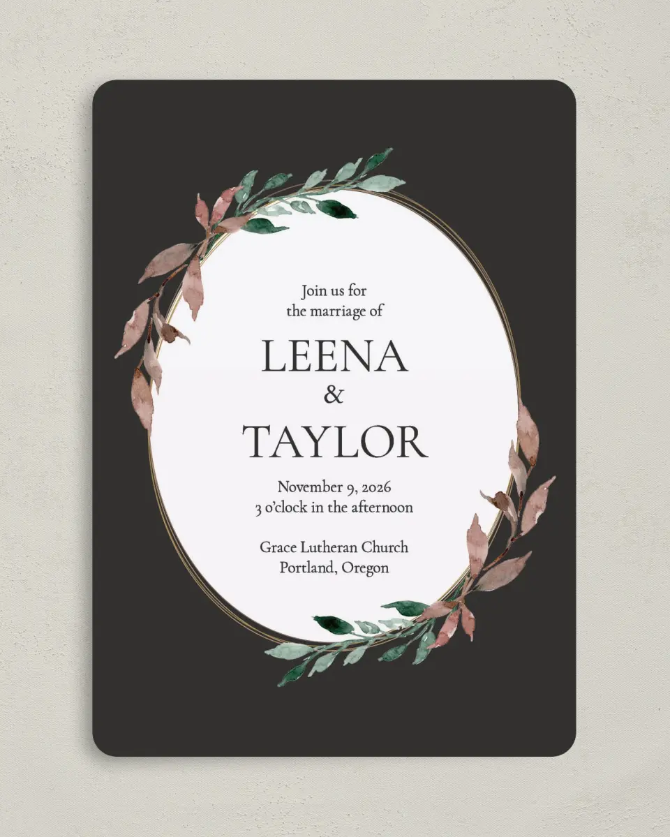 This is a 5" x 7" Rounded Wedding Invitation called Eternal Autumn printed in full color on Premium Smooth paper