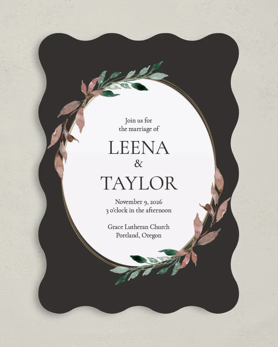 This is a 5" x 7" Wavy Wedding Invitation called Eternal Autumn printed in full color on Premium Smooth paper