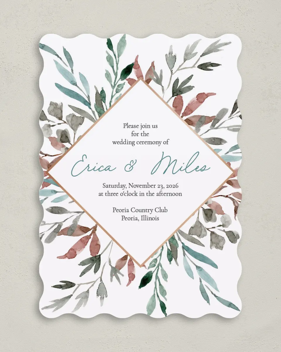 This is a 5" x 7" Wavy Wedding Invitation called Blissfully Fall printed in full color on Premium Smooth paper