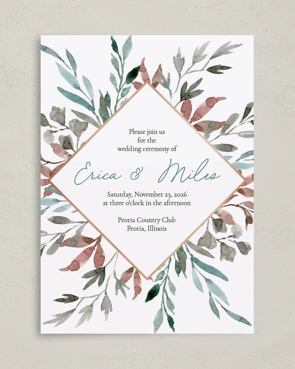 This is a 5" x 7" Classic Wedding Invitation called Blissfully Fall printed in full color on Premium Smooth paper