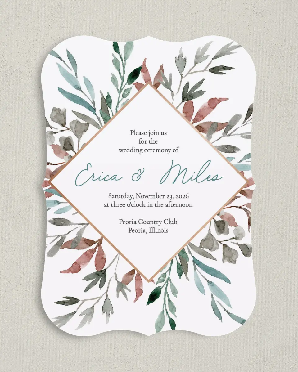 This is a 5" x 7" Bracket Wedding Invitation called Blissfully Fall printed in full color on Premium Smooth paper