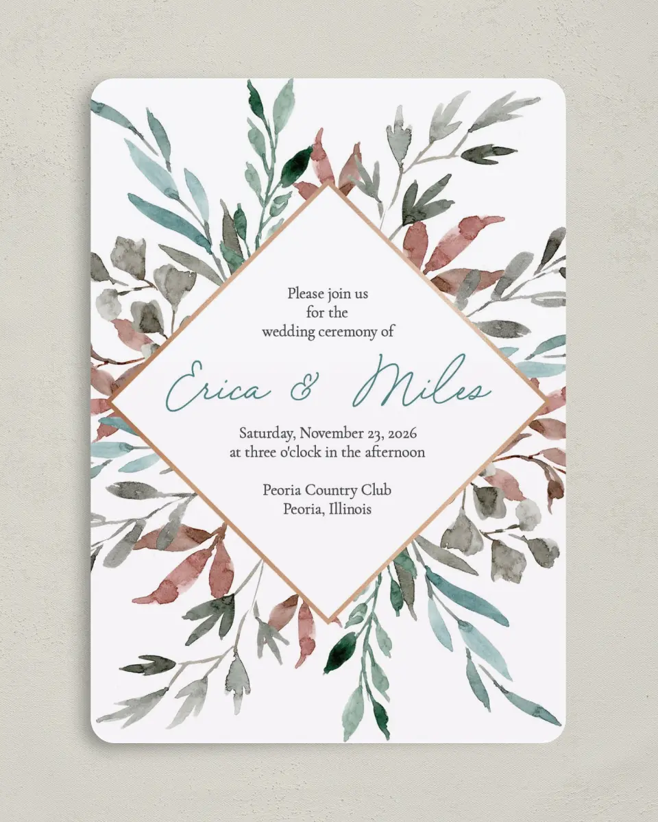 This is a 5" x 7" Rounded Wedding Invitation called Blissfully Fall printed in full color on Premium Smooth paper