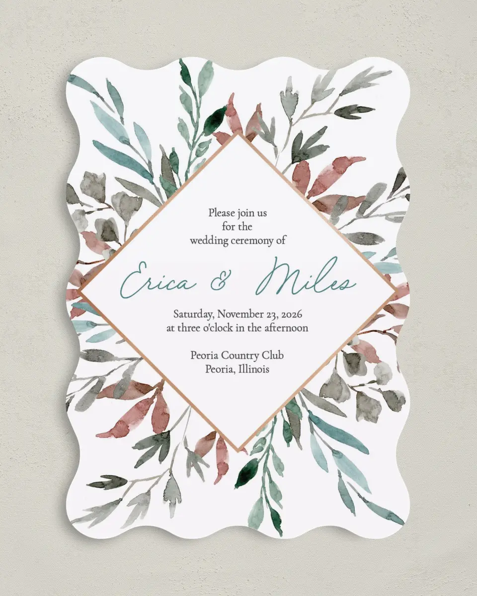 This is a 5" x 7" Wavy Wedding Invitation called Blissfully Fall printed in full color on Premium Smooth paper