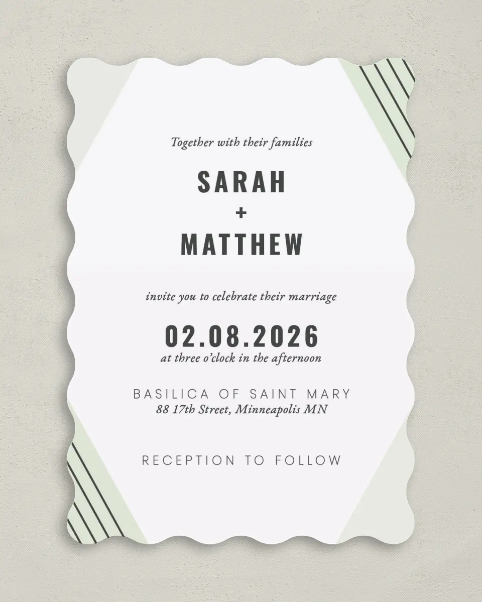 This is a 5" x 7" Wavy Wedding Invitation called Geometric Weave printed in full color on Premium Smooth paper