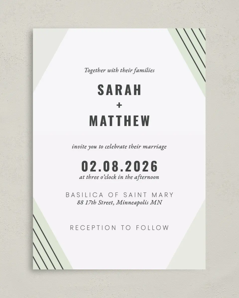 This is a 5" x 7" Classic Wedding Invitation called Geometric Weave printed in full color on Premium Smooth paper