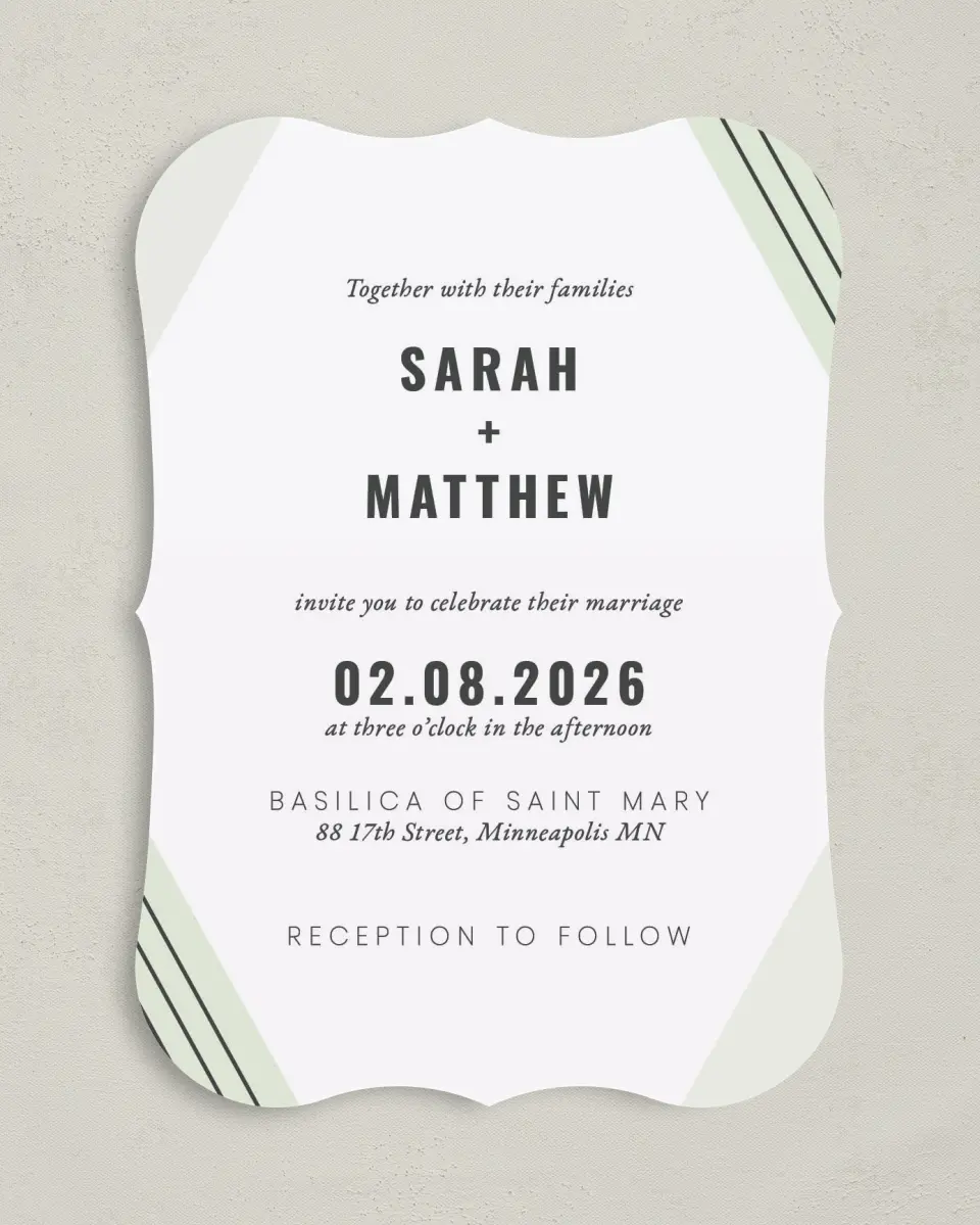 This is a 5" x 7" Bracket Wedding Invitation called Geometric Weave printed in full color on Premium Smooth paper