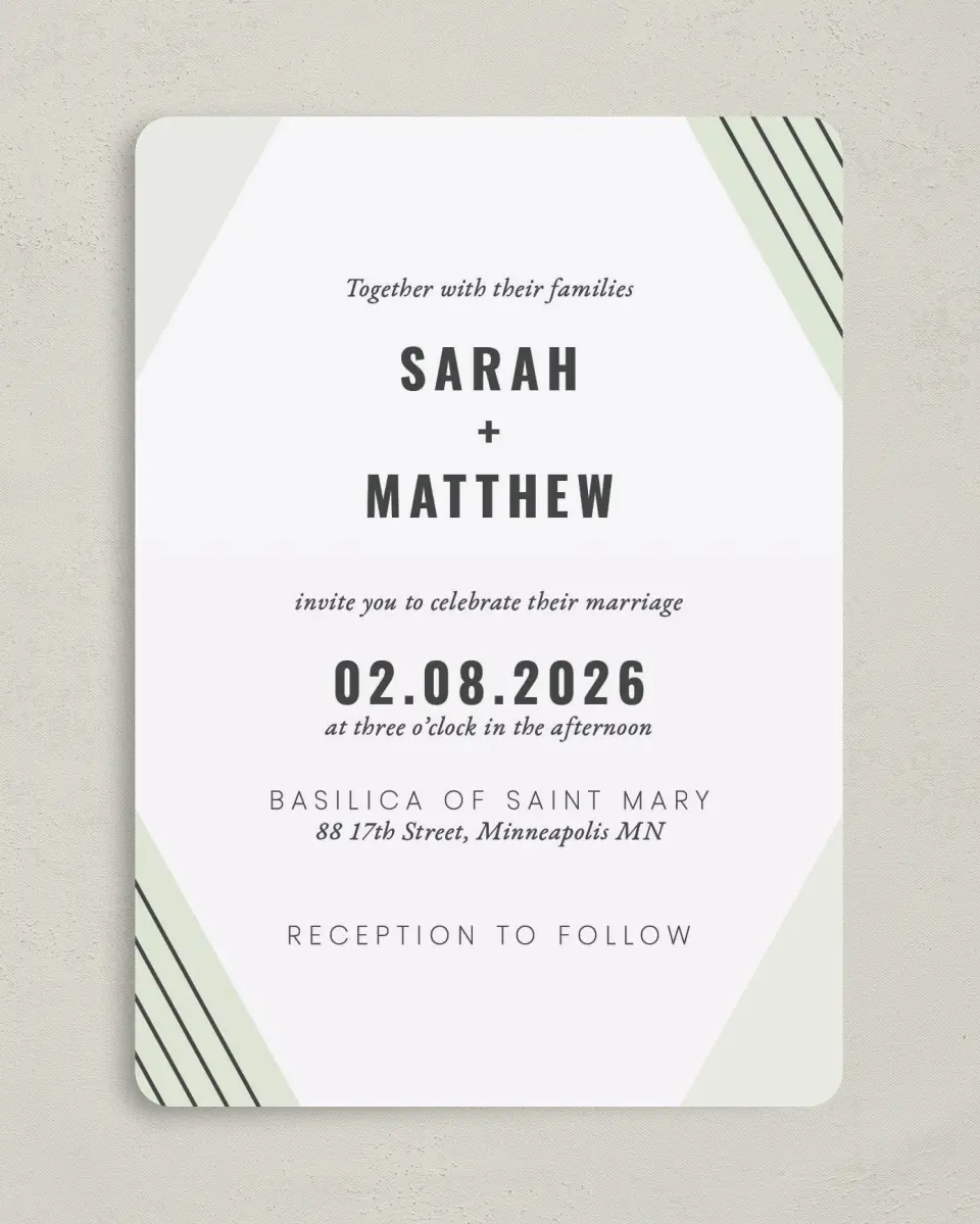 This is a 5" x 7" Rounded Wedding Invitation called Geometric Weave printed in full color on Premium Smooth paper