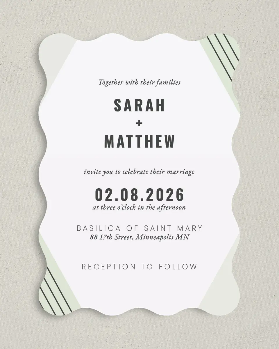 This is a 5" x 7" Wavy Wedding Invitation called Geometric Weave printed in full color on Premium Smooth paper
