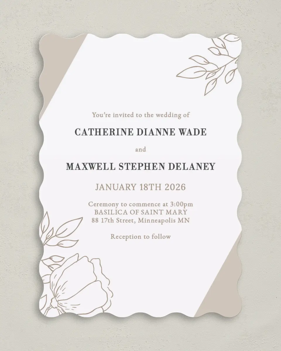 This is a 5" x 7" Wavy Wedding Invitation called Delicate Splendor printed in full color on Premium Smooth paper