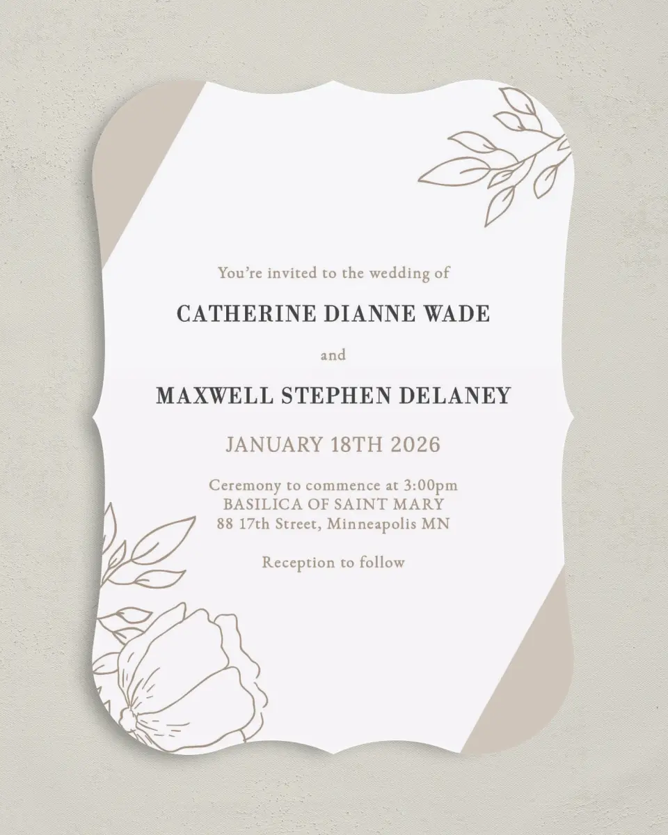 This is a 5" x 7" Bracket Wedding Invitation called Delicate Splendor printed in full color on Premium Smooth paper