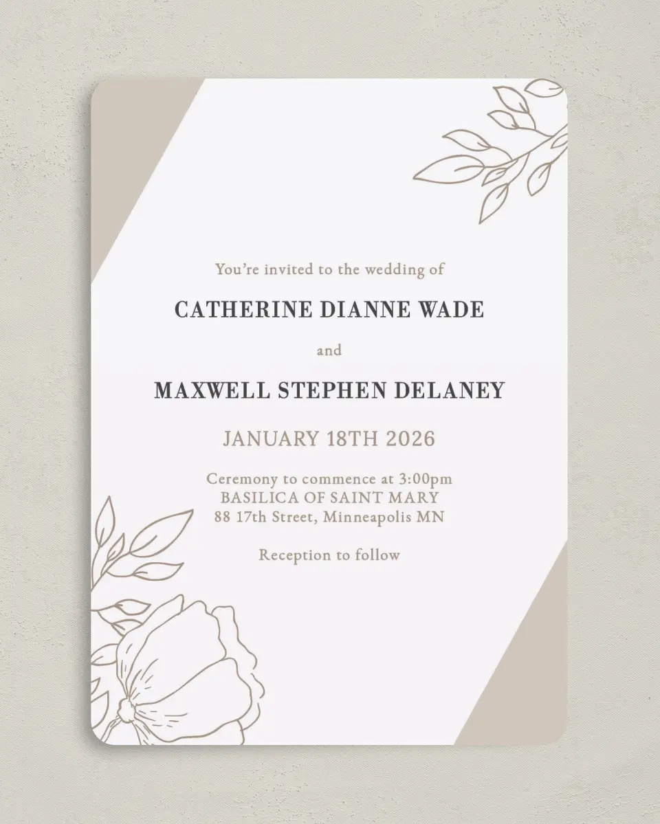 This is a 5" x 7" Rounded Wedding Invitation called Delicate Splendor printed in full color on Premium Smooth paper