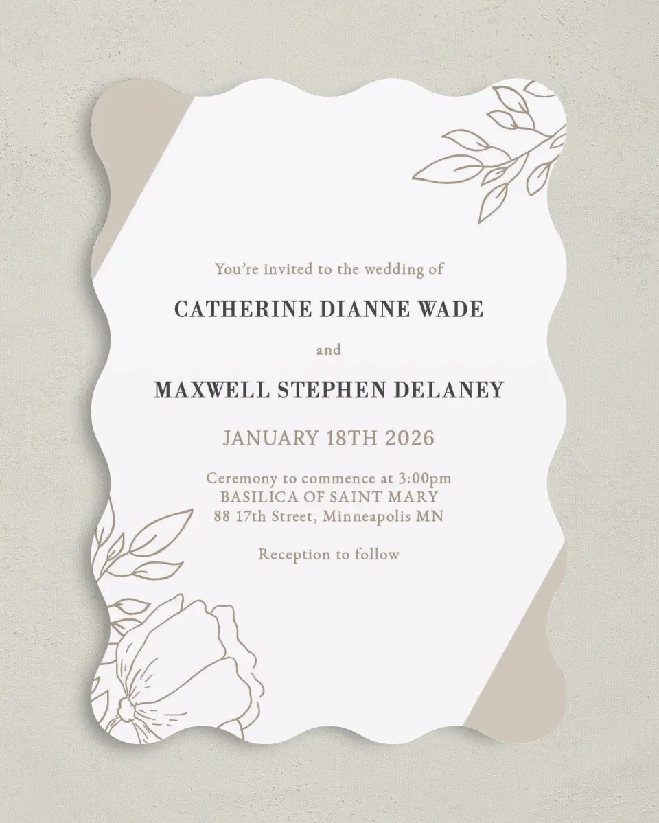 This is a 5" x 7" Wavy Wedding Invitation called Delicate Splendor printed in full color on Premium Smooth paper