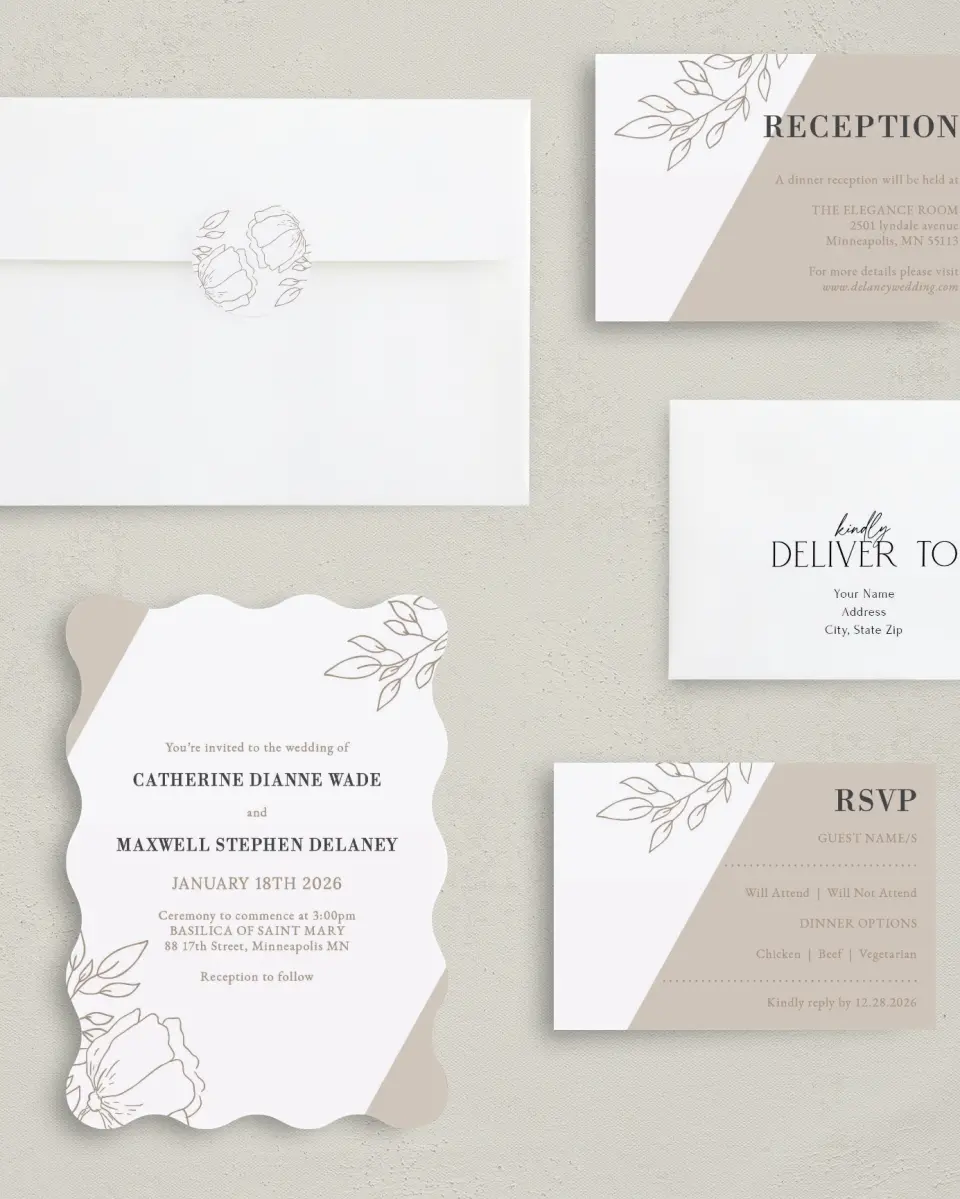 This is a 5" x 7" Wavy Wedding Invitation called Delicate Splendor printed in full color on Premium Smooth paper