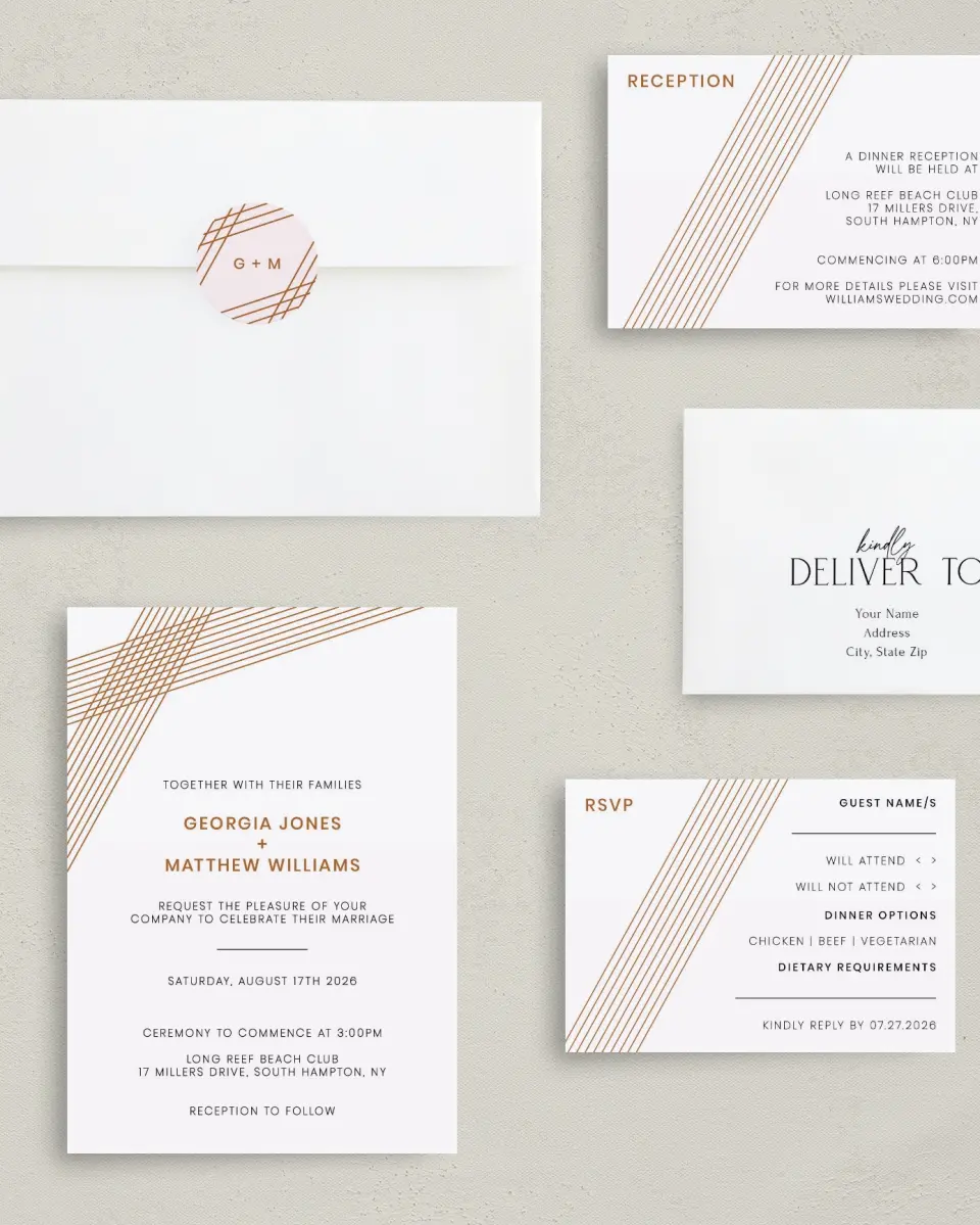 This is a 5" x 7" Classic Wedding Invitation called Dashing Strands printed in full color on Premium Smooth paper